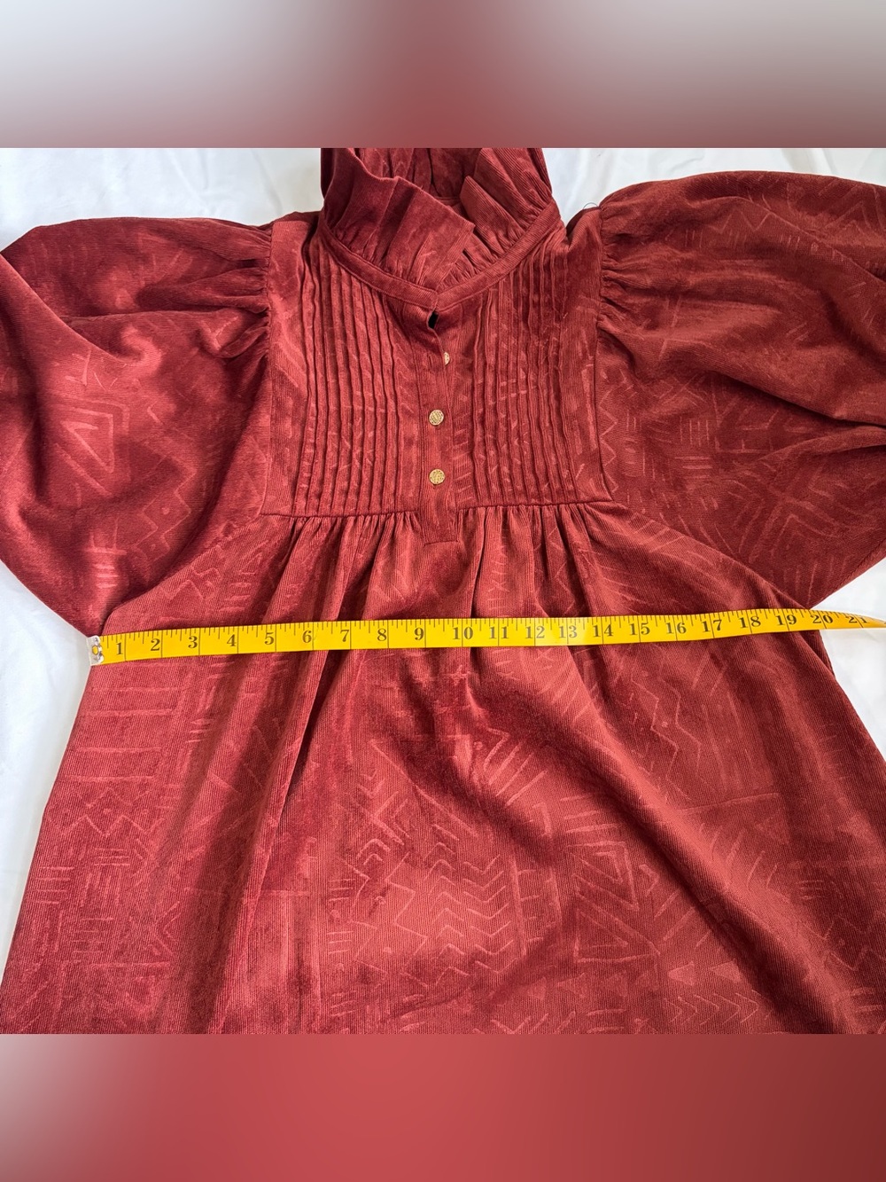 Emily McCarthy Corduroy Dress Rust Geometric Embossed Puff Sleeve Smocked S - Picture 4 of 6